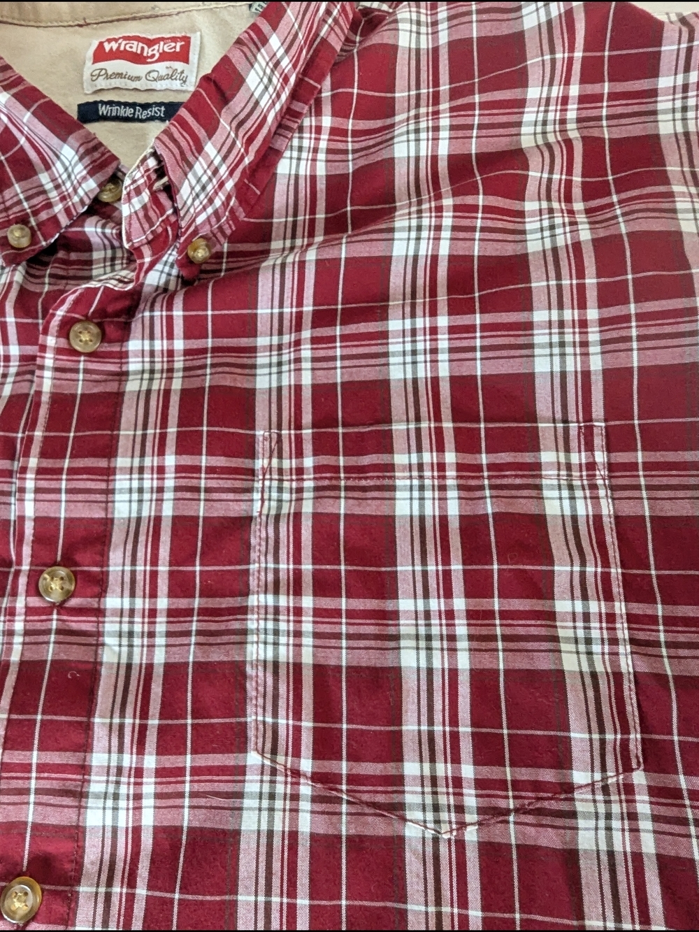 Wrangler Plaid Button Down Shirt 2XT Red White Wrinkle Resist Cotton Blend - Picture 5 of 6